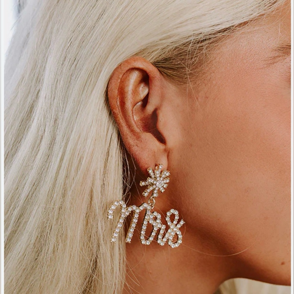 MRS gold rhinestone Earrings for bridal party, bachelorette or wedding